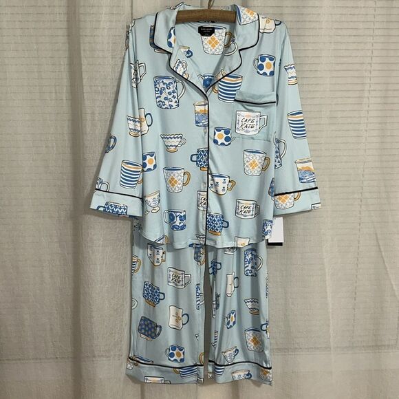 kate spade XLβLight Blue Tea Coffee Print Notch Collar 3/4 Sleeve Pants PJ Set - Picture 11 of 17